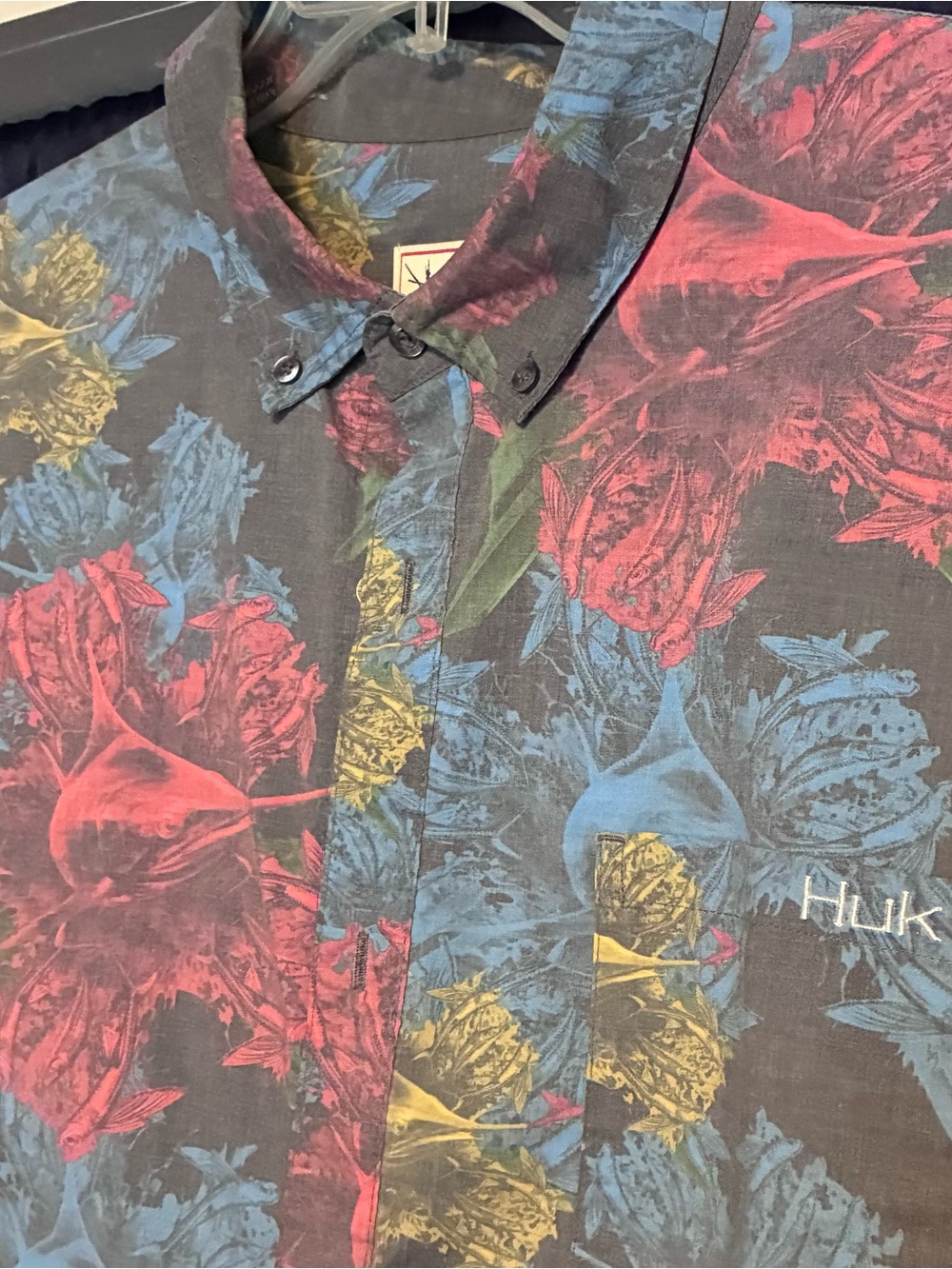Huk Men’s Floral Button-Down Shirt in Black with Red, Blue & Yellow Accents